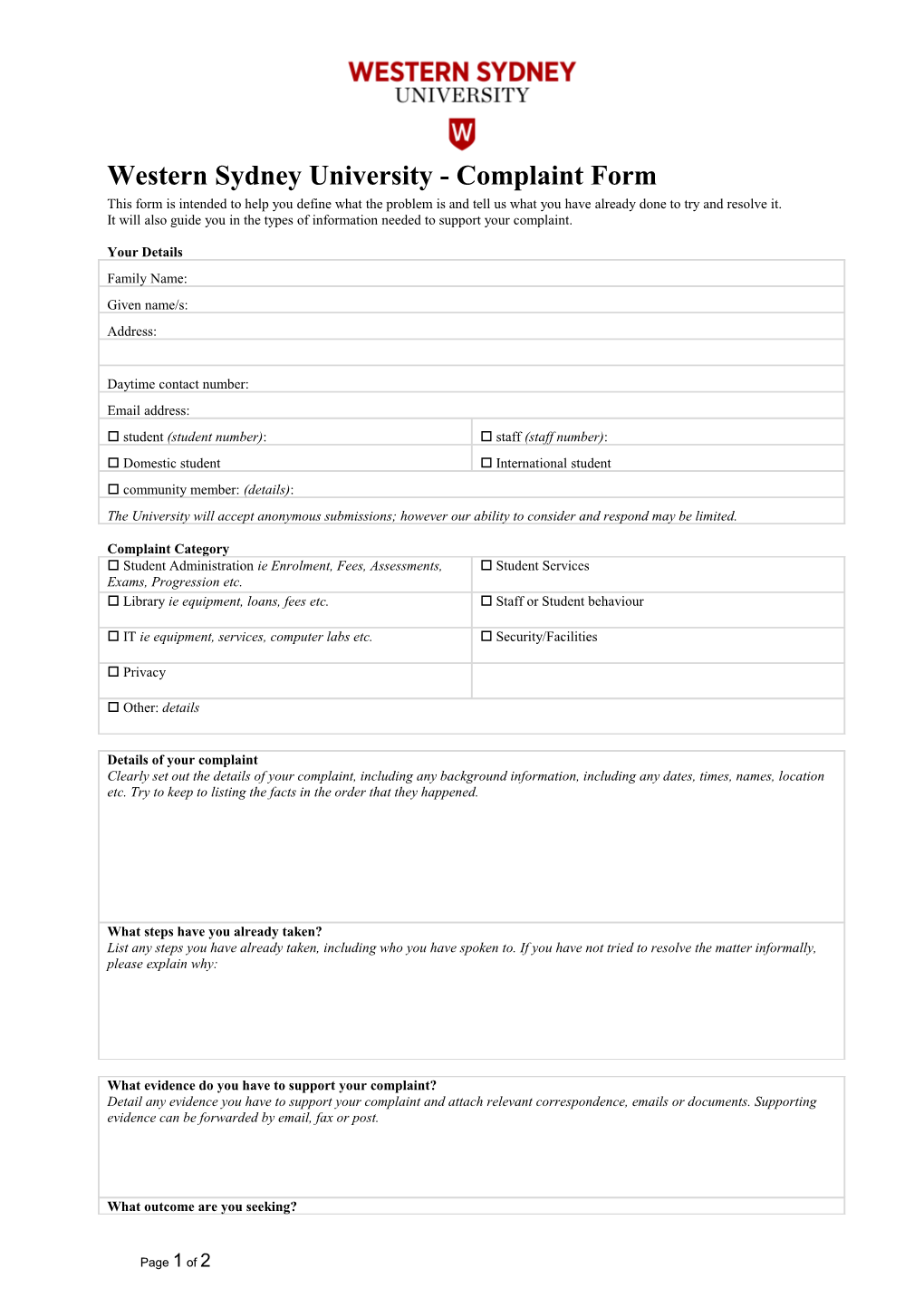 Western Sydney University - Complaint Form