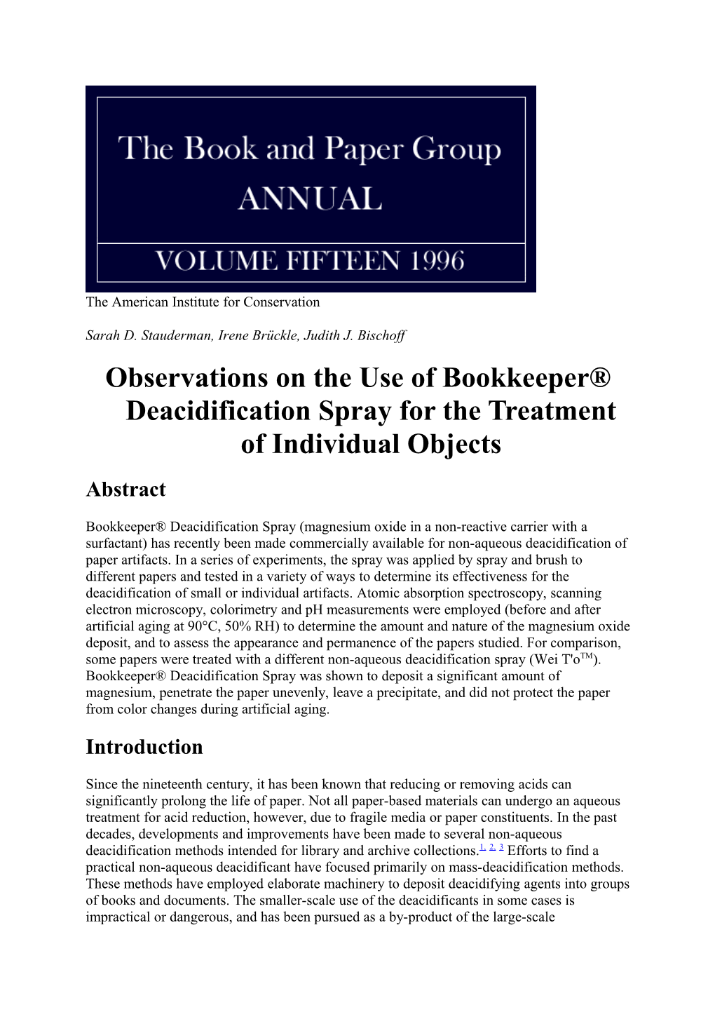 Observations on the Use of Bookkeeper Deacidification Spray for the Treatment of Individual