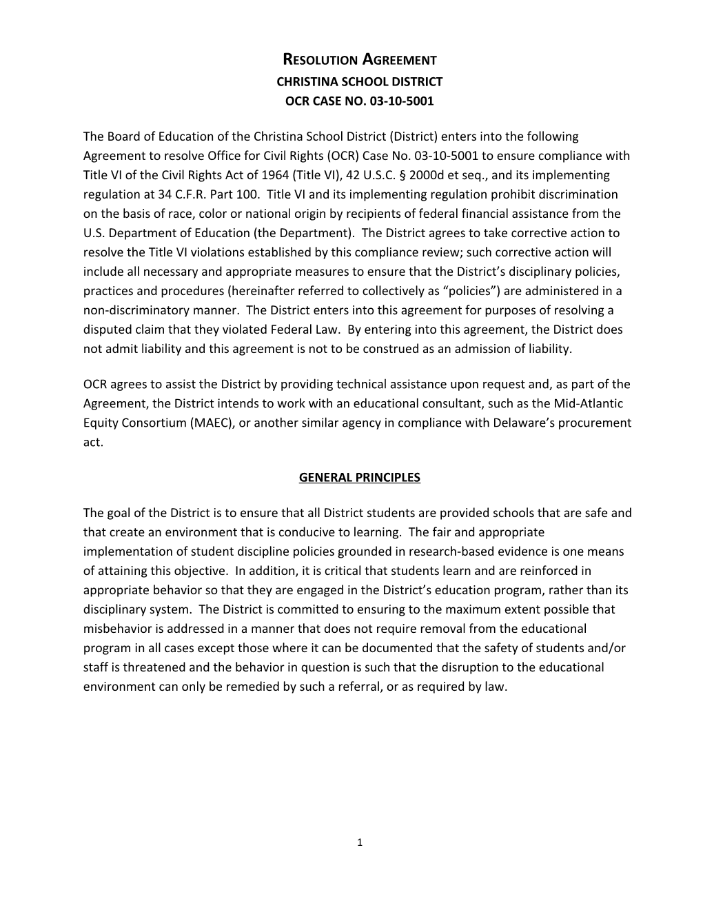 Resolution Agreement Christina School District: OCR Case No. 03-10-5001 December 2012 (MS Word)