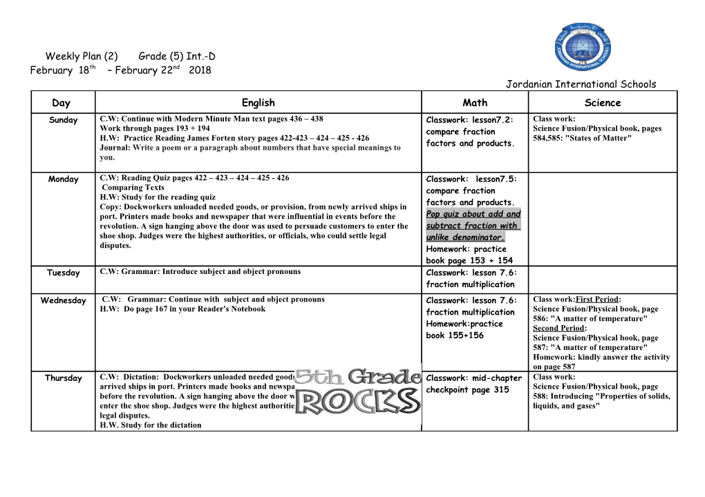 Weekly Plan (2) Grade (5) Int.-D