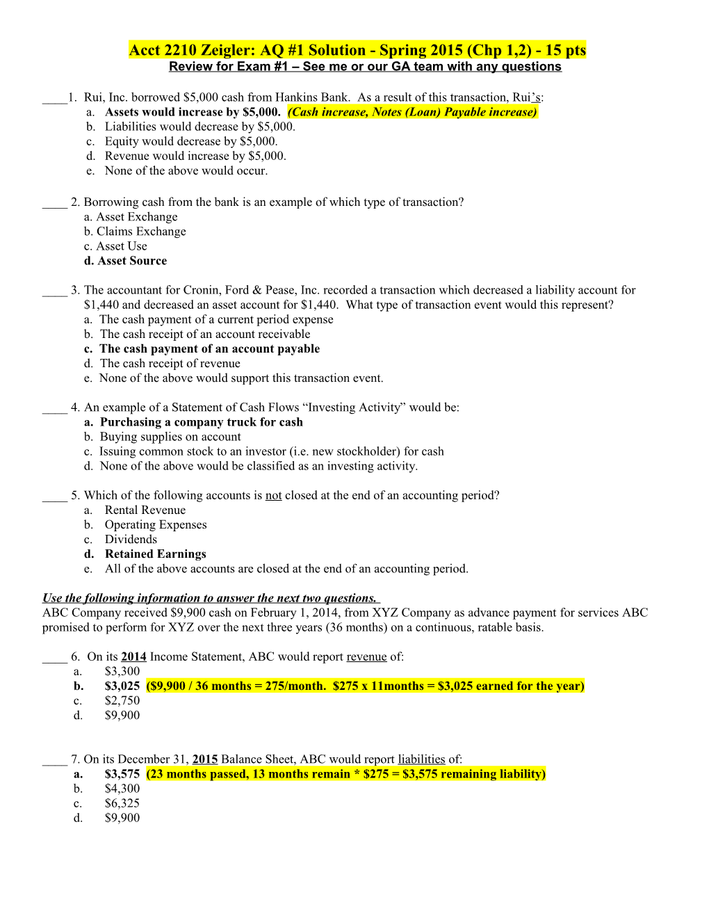 Acct 2210 Zeigler: AQ #1 Solution -Spring 2015 (Chp 1,2) - 15 Pts