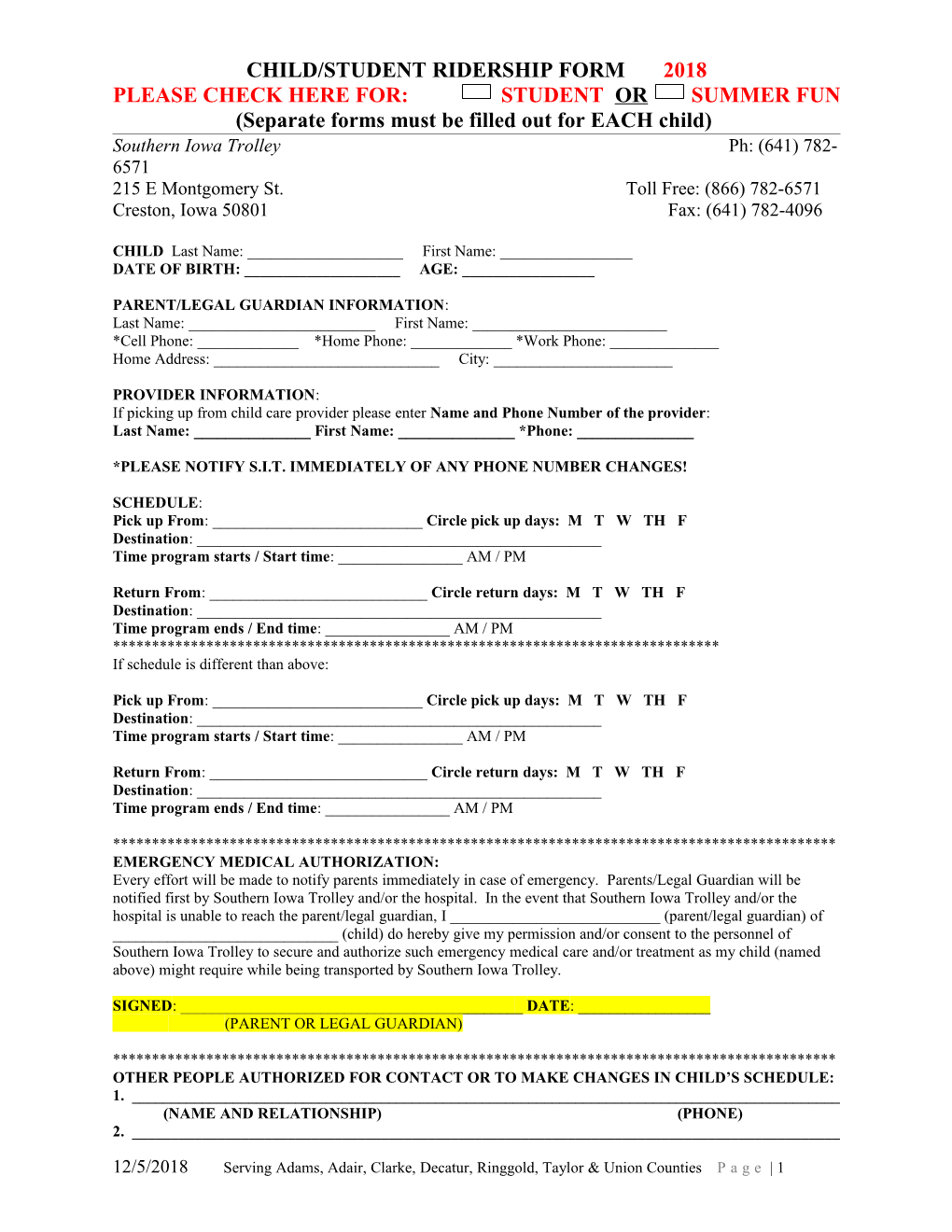 Child/Student Ridership Form