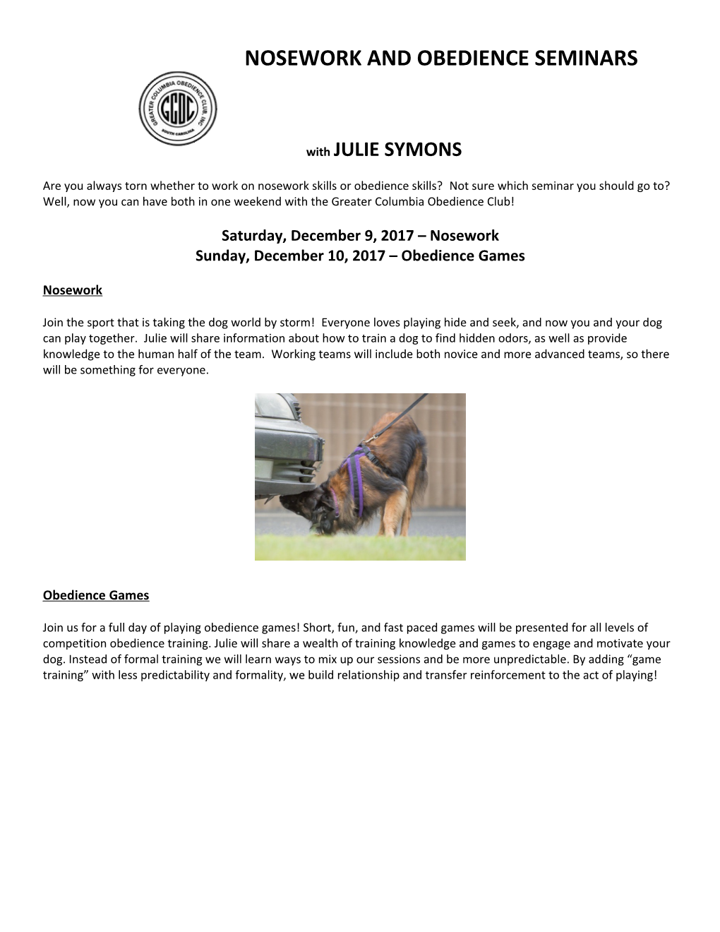 Nosework and Obedience Seminars