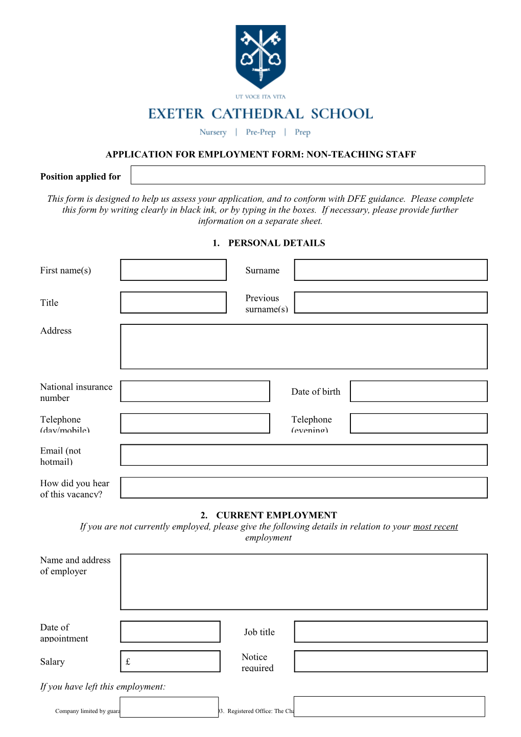 Exeter Catherdal School - Application Form