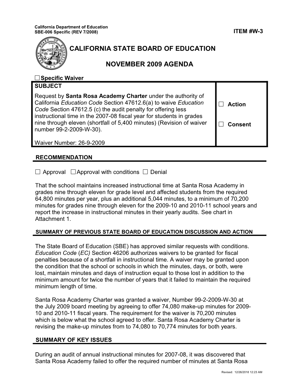 November 2009 Waiver Item W3 - Meeting Agendas (CA State Board of Education)