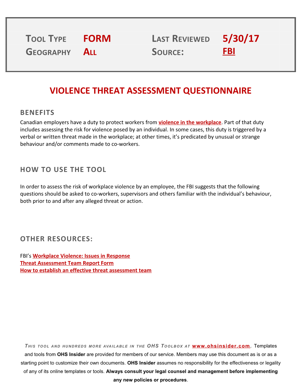 Violence Threat Assessment Questionnaire