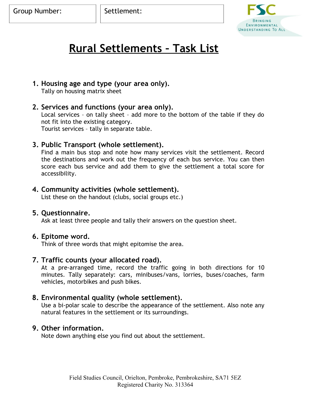 Rural Settlements Task List