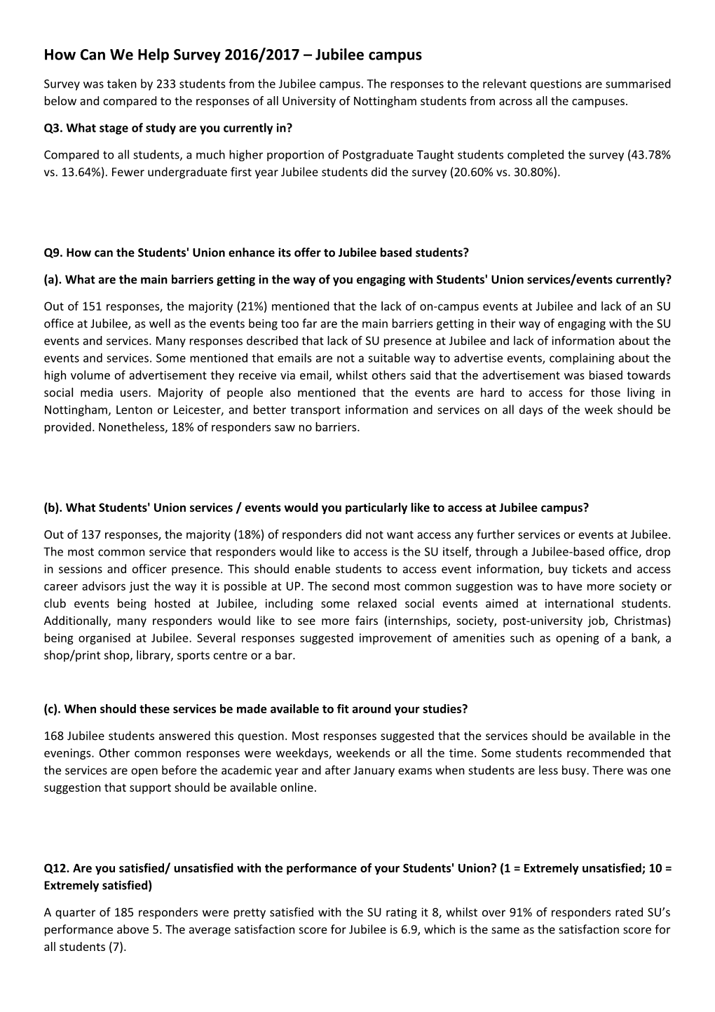 How Can We Help Survey 2016/2017 Jubilee Campus