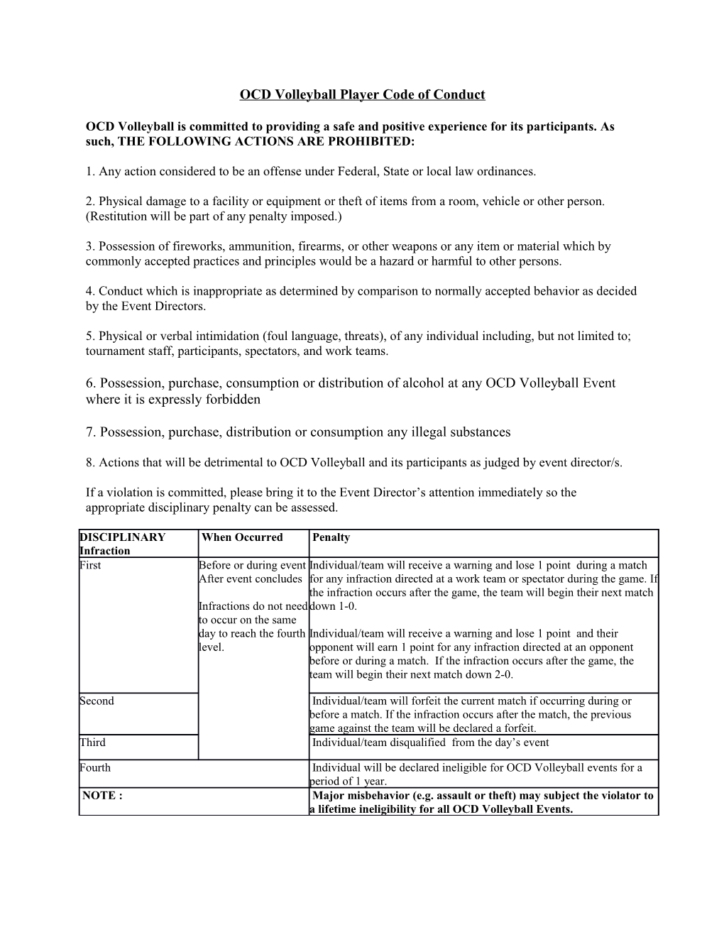 OCD Volleyball Player Code of Conduct