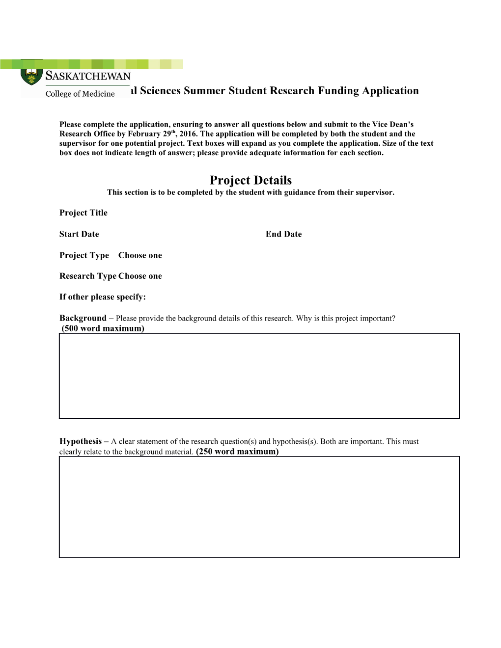 Biomedical Sciences Summer Student Research Funding Application