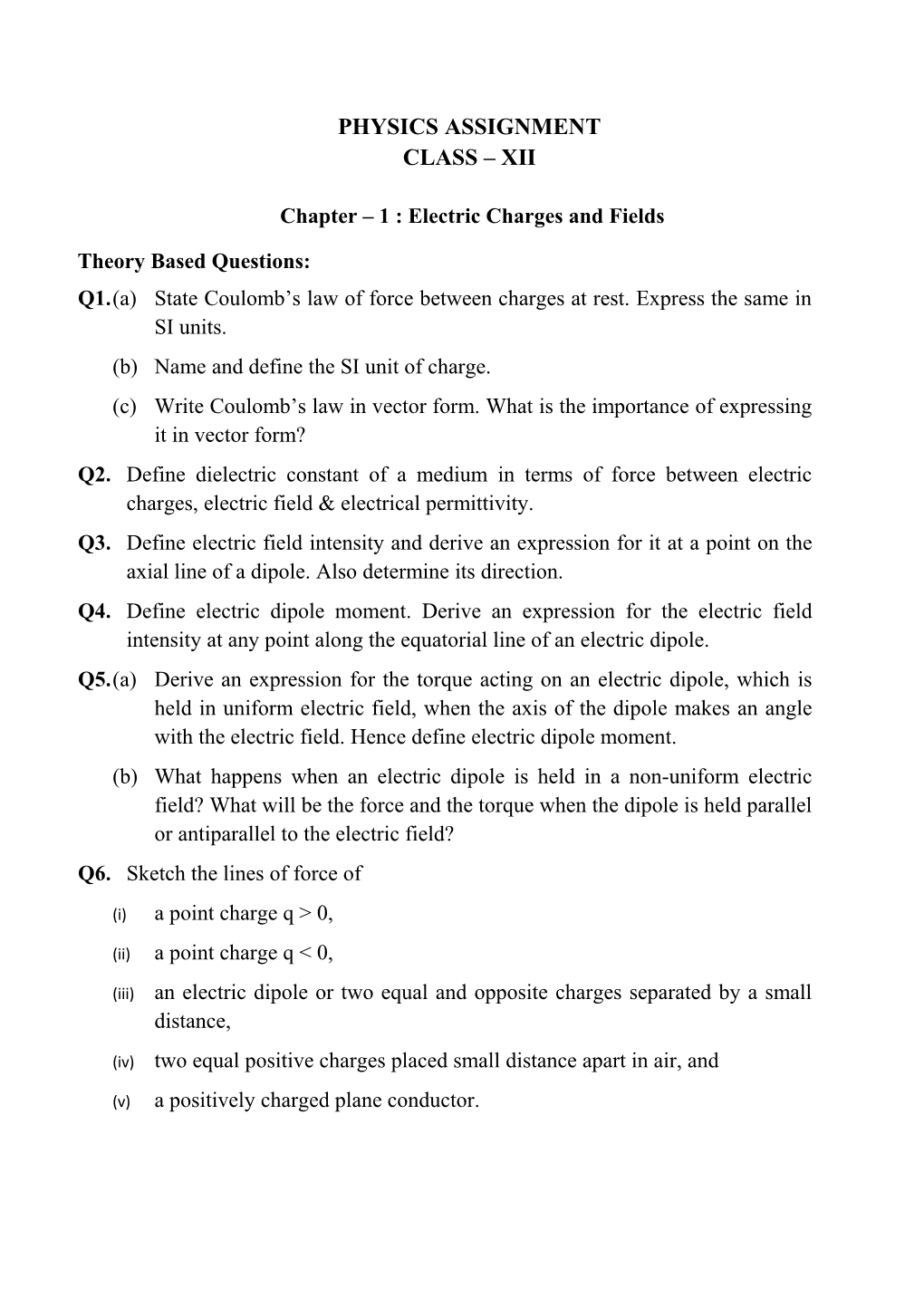 Chapter 1 : Electric Charges and Fields