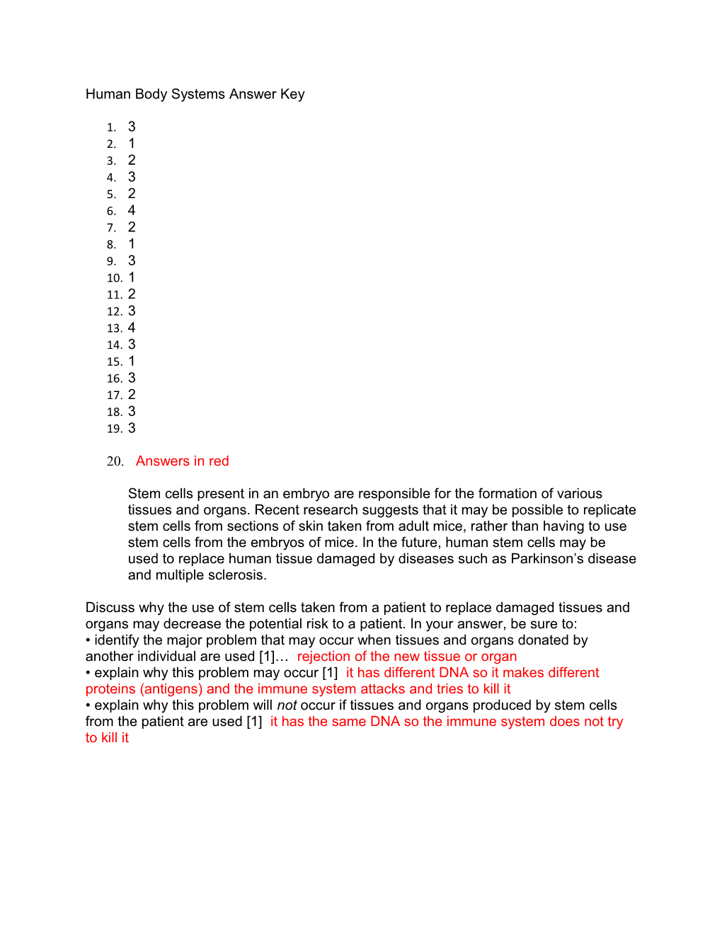 Human Body Systems Answer Key