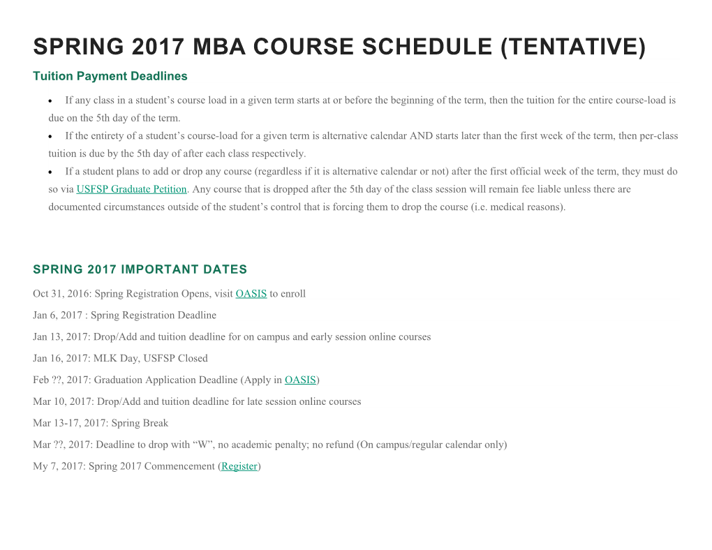 Spring 2017Mba Course Schedule (Tentative)