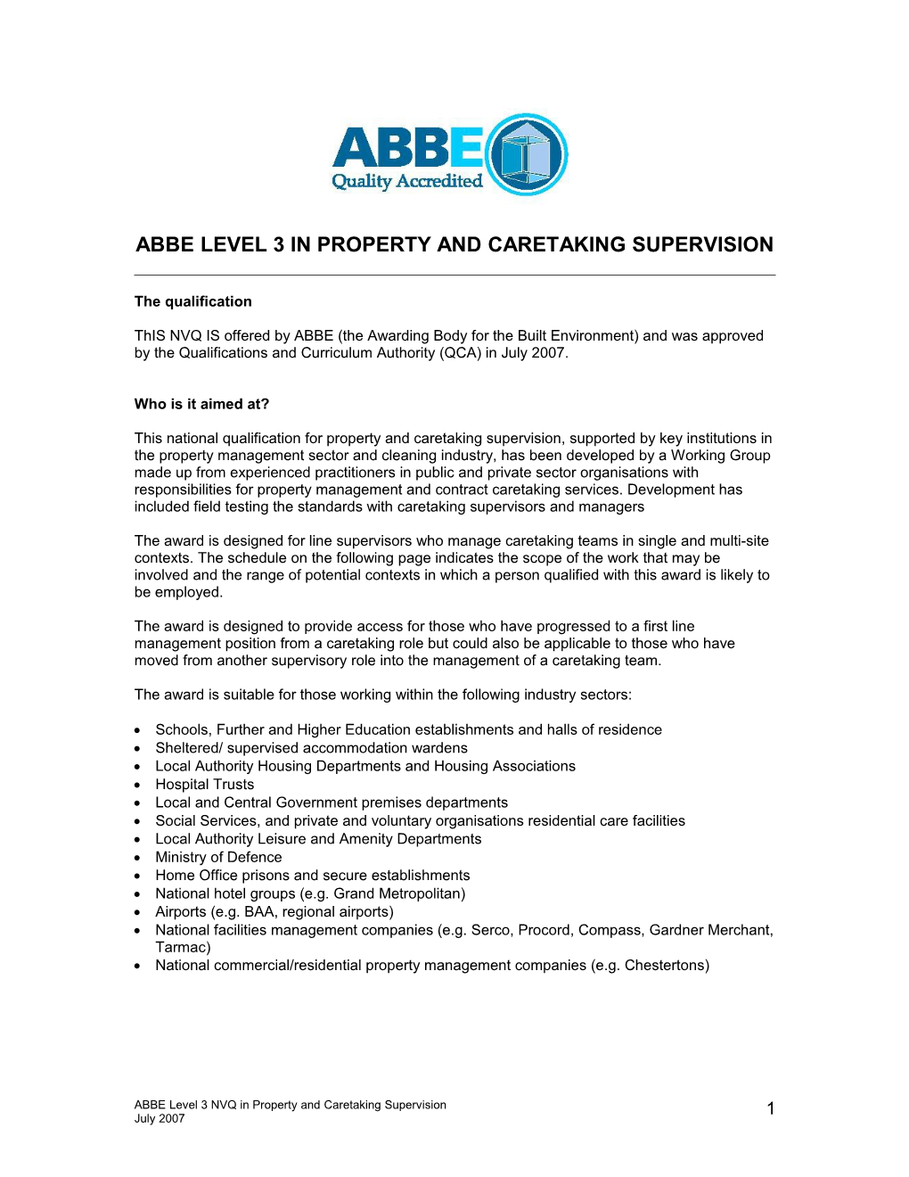 Abbe Level 3 in Property and Caretaking Supervision