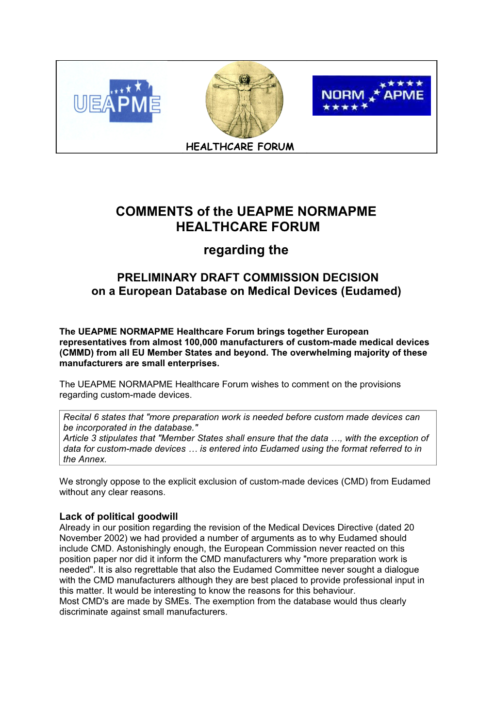 COMMENTS of the UEAPME NORMAPME