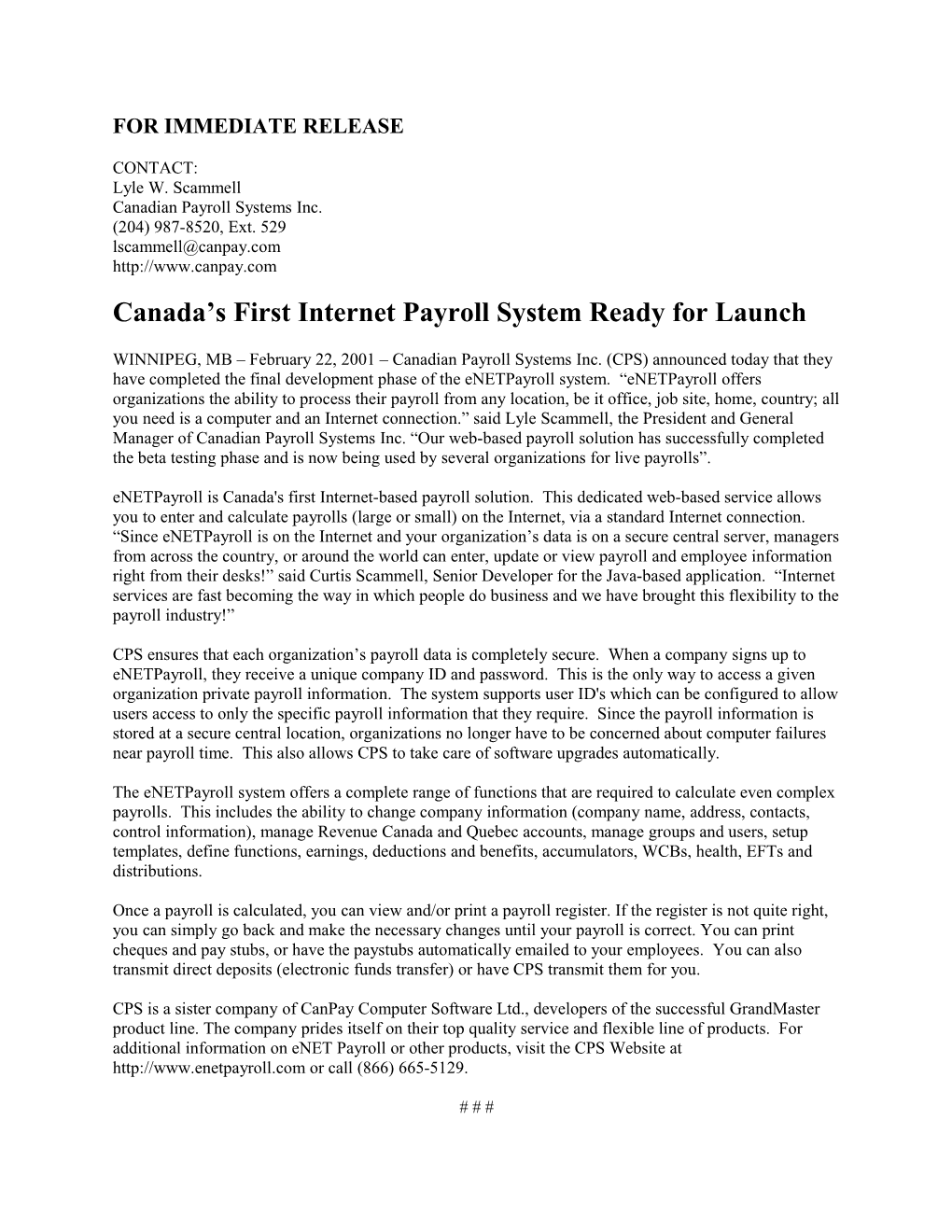 Canada S First Internet Payroll System Ready for Launch