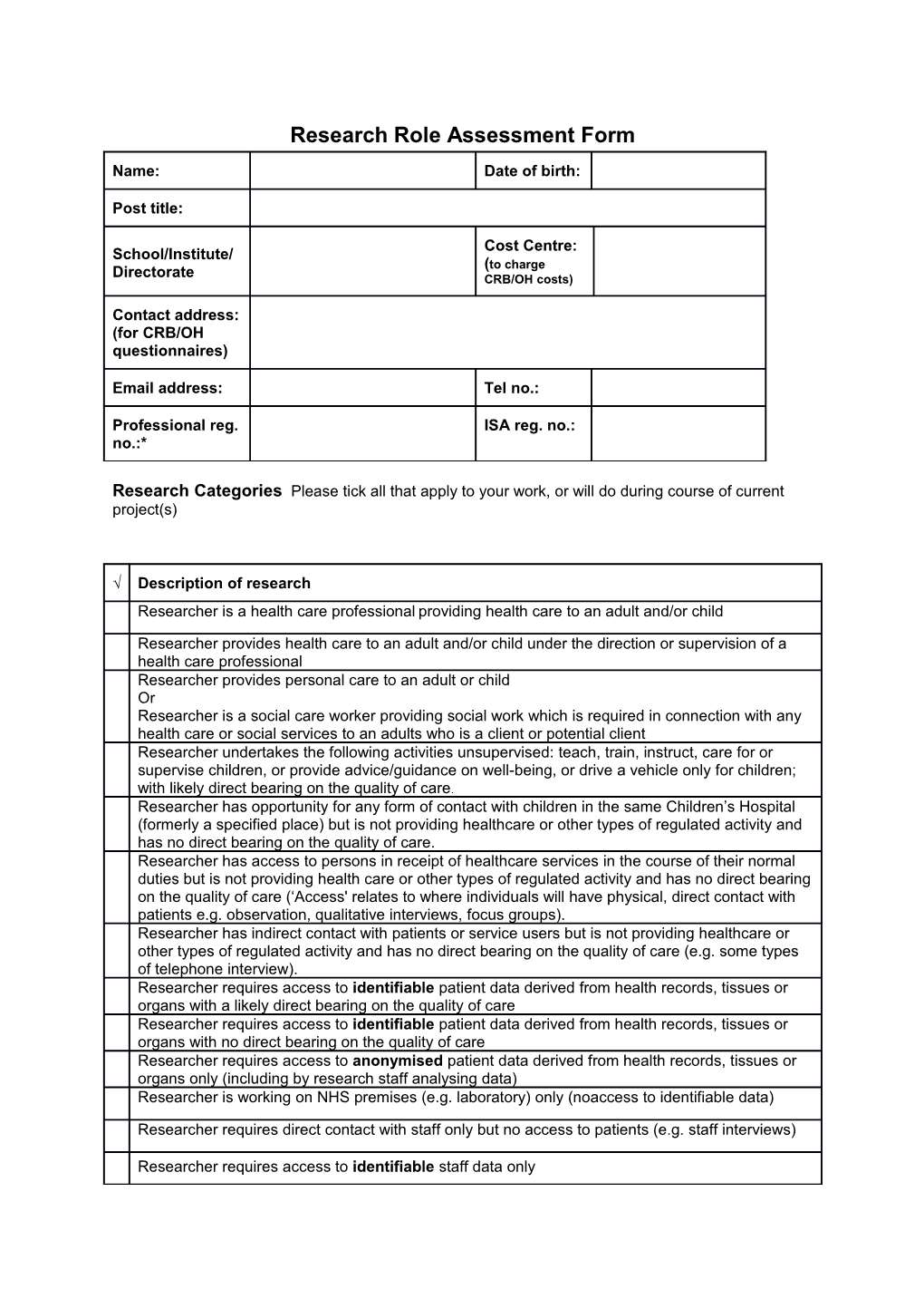Research Role Assessment Form