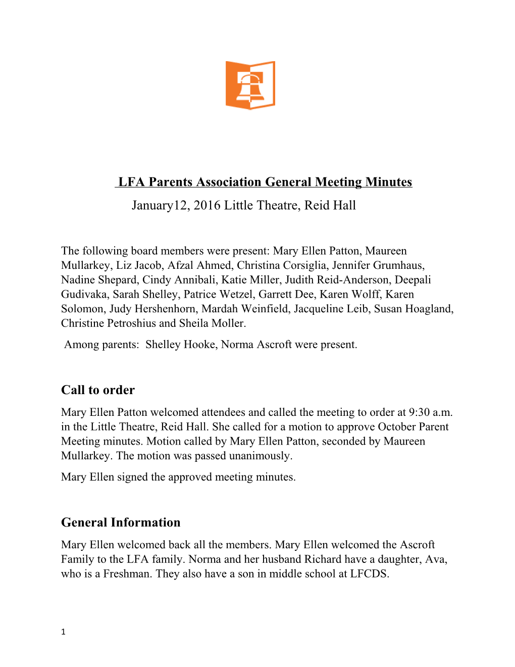 LFA Parents Association General Meeting Minutes