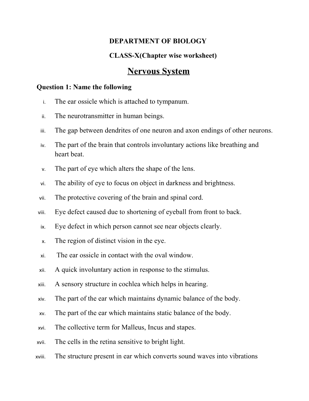 CLASS-X(Chapter Wise Worksheet)