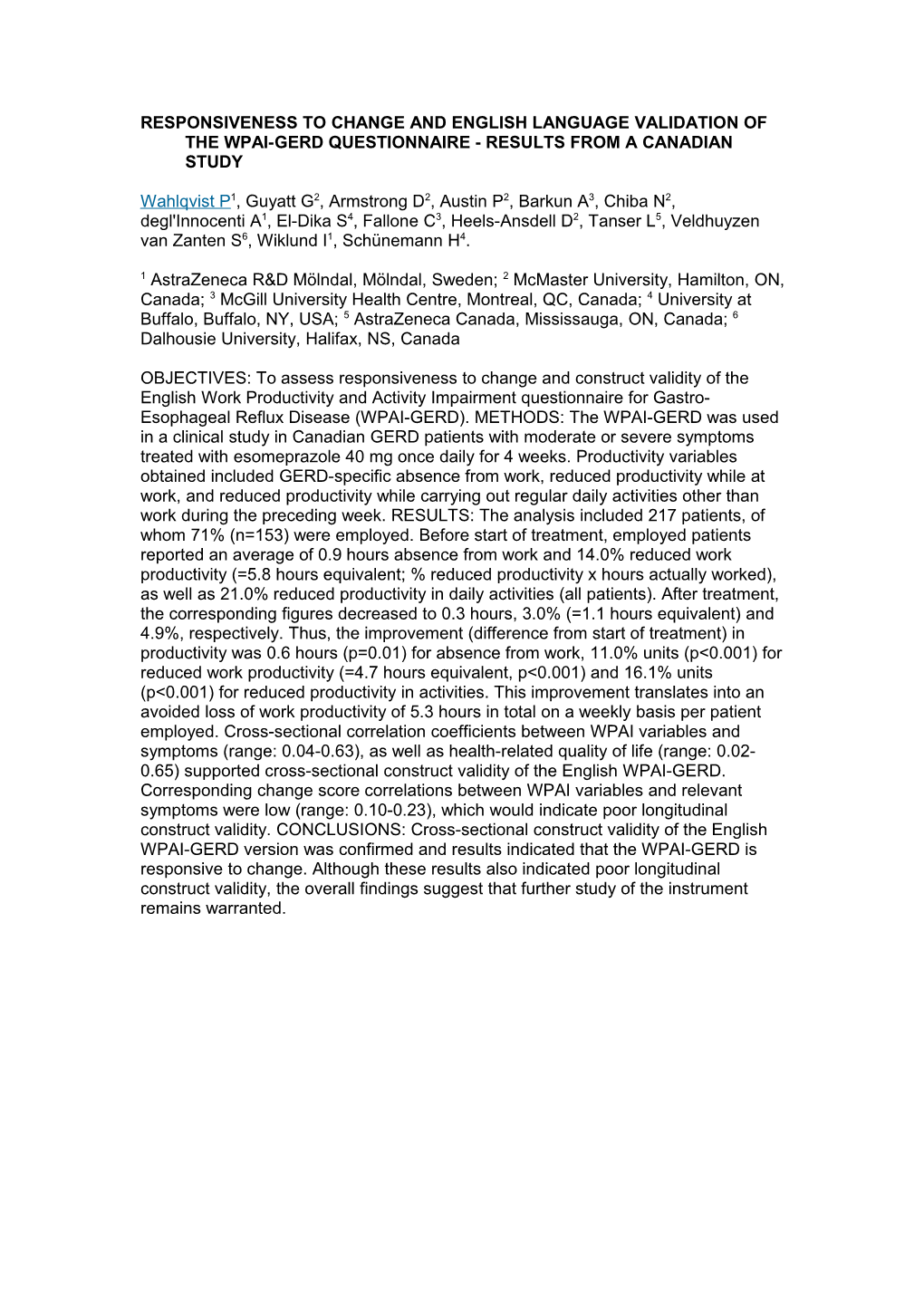 Responsiveness to Change and English Language Validation of the Wpai-Gerd Questionnaire