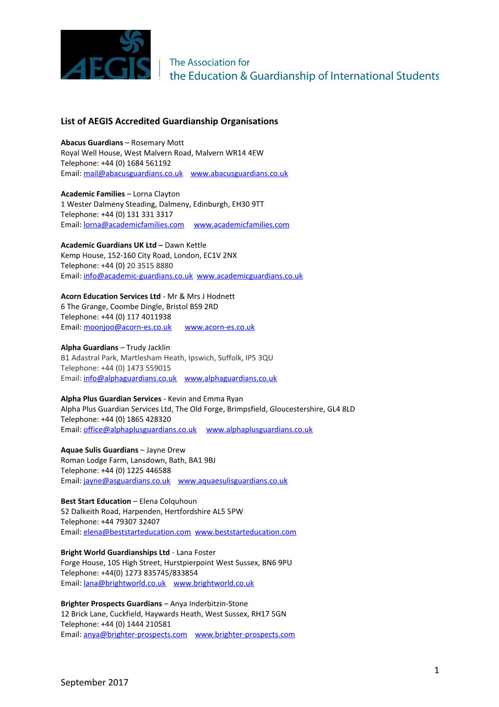 List of AEGIS Accredited Guardianship Organisations