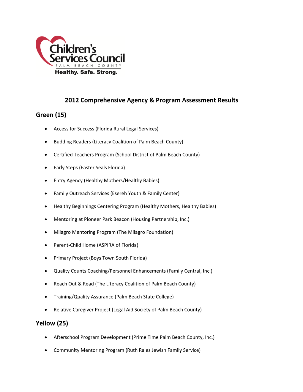 2012 Comprehensive Agency & Program Assessment Results