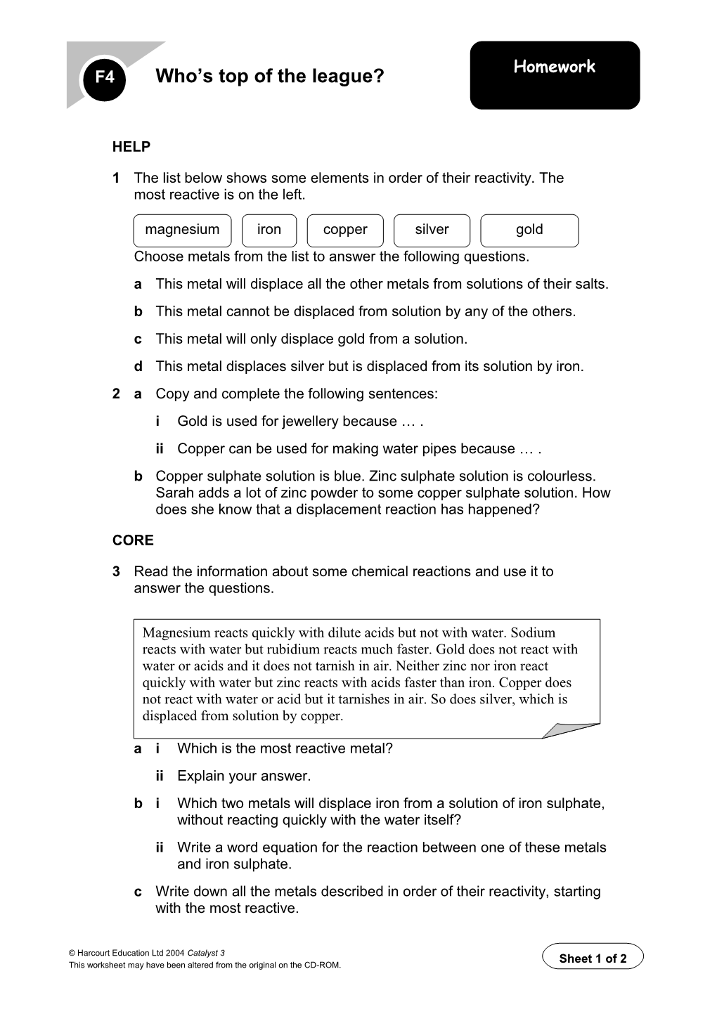 Choose Metals from the List to Answer the Following Questions