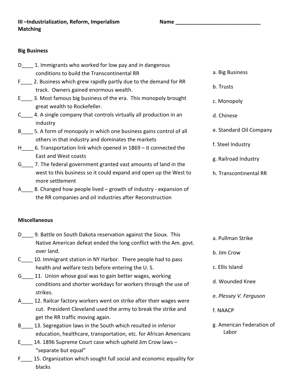 III Industrialization, Reform, Imperialism Name ______