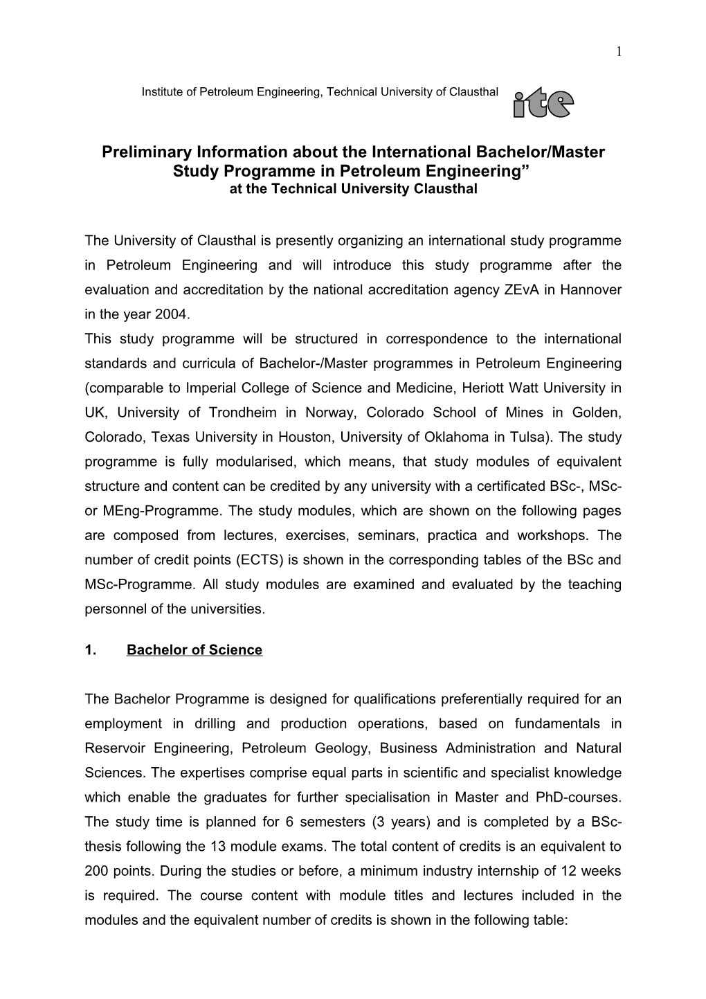 Preliminary Information About the International Bachelor/Master Study Programme in Petroleum