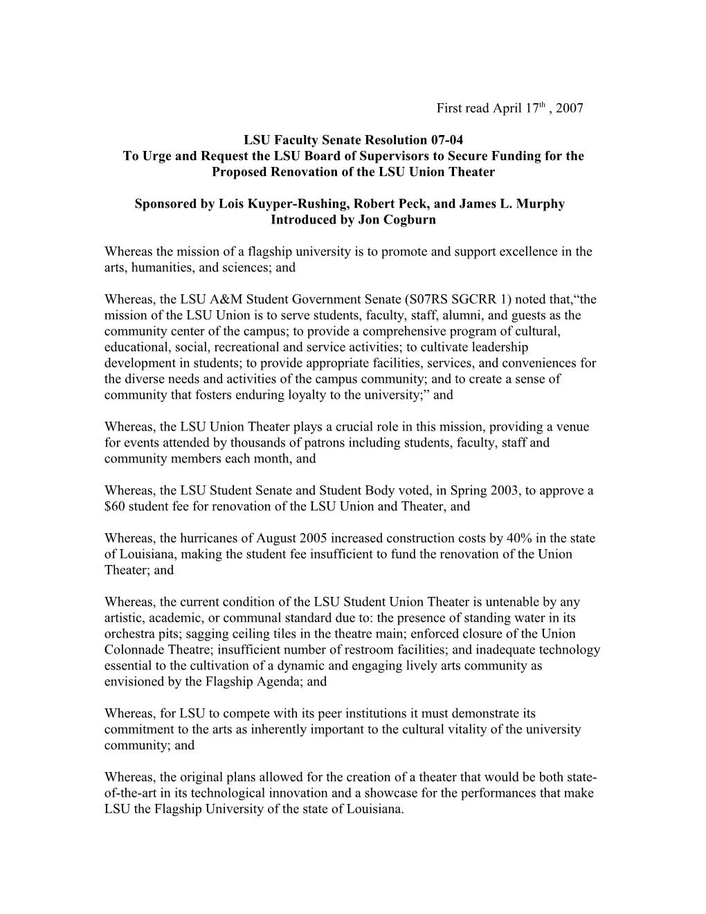 LSU Faculty Senate Resolution 07-04