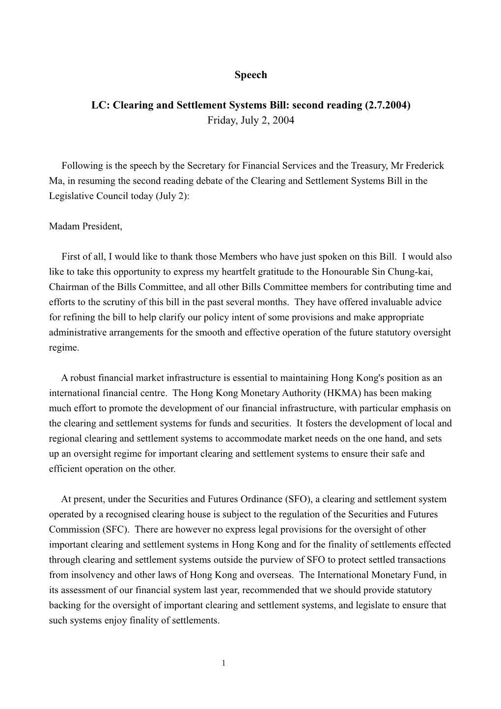 LC: Clearing and Settlement Systems Bill: Second Reading (2