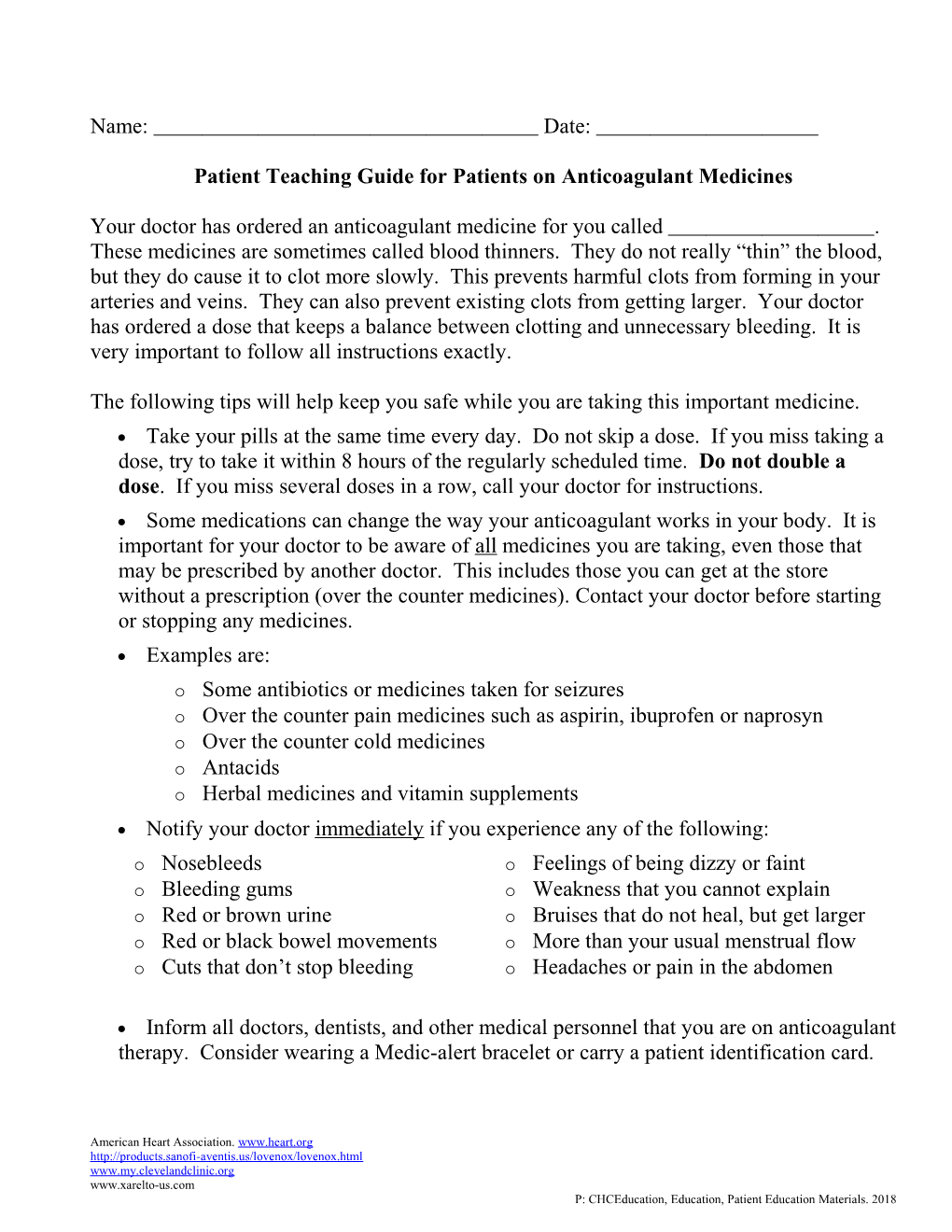 Patient Teaching Guide for Patients on Anticoagulant Medicines