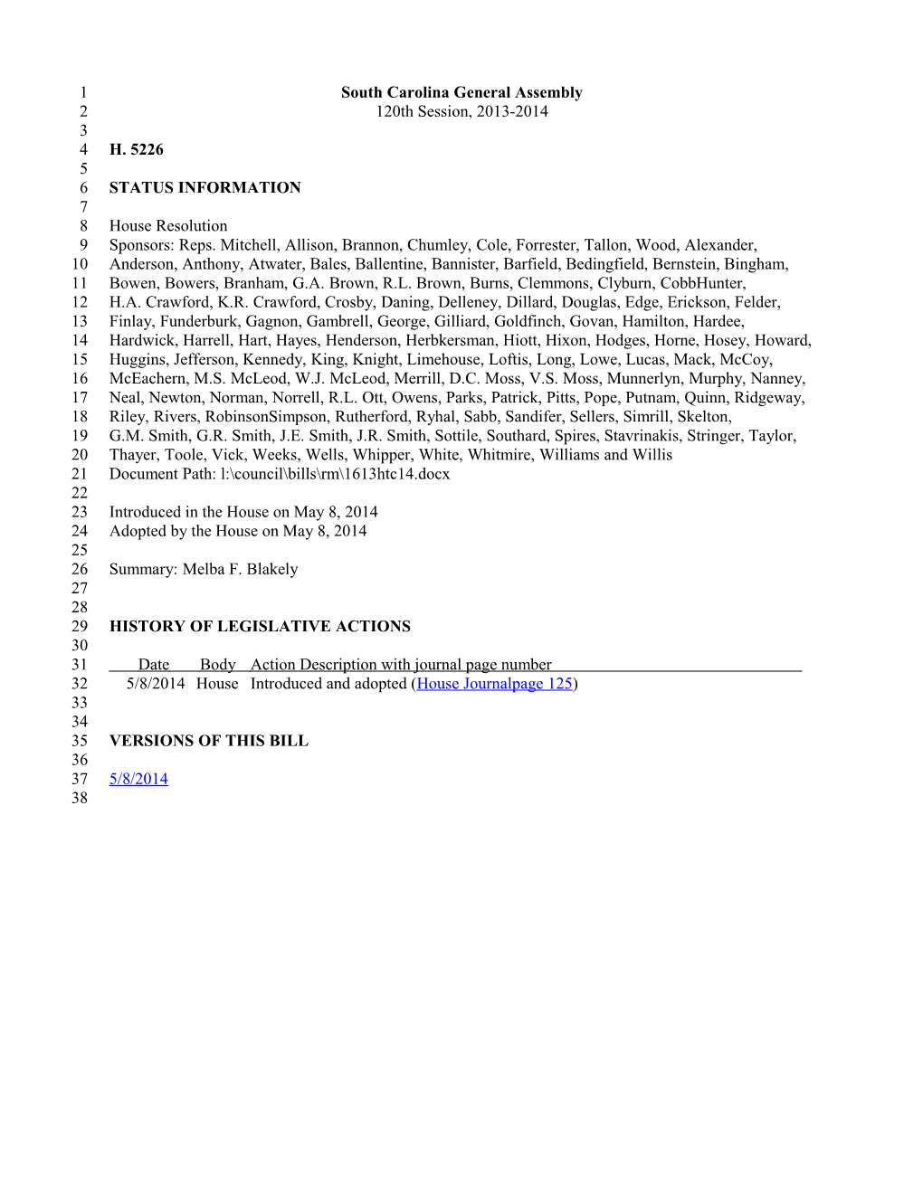 2013-2014 Bill 5226: Melba F. Blakely - South Carolina Legislature Online