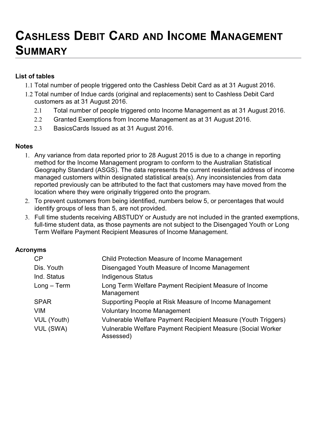 Cashless Debit Card and Income Management Summary