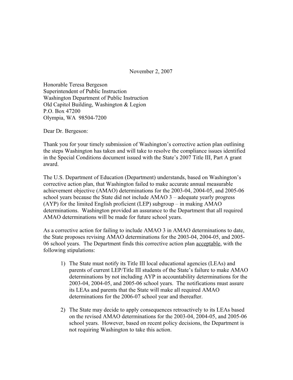 Letter Regarding the Title III, Part a Grant Award Made to Washington MS Word