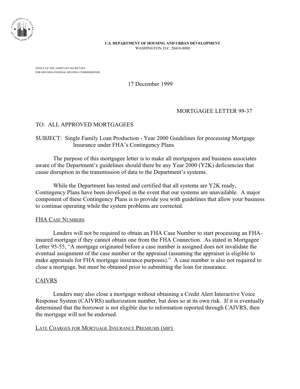 Mortgagee Letter 99-37