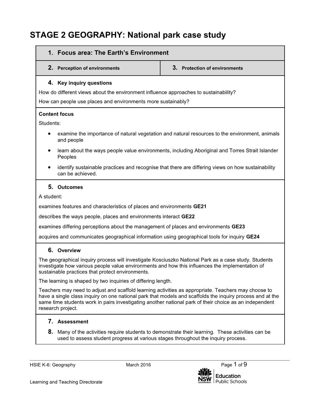 STAGE 2 GEOGRAPHY: National Park Case Study