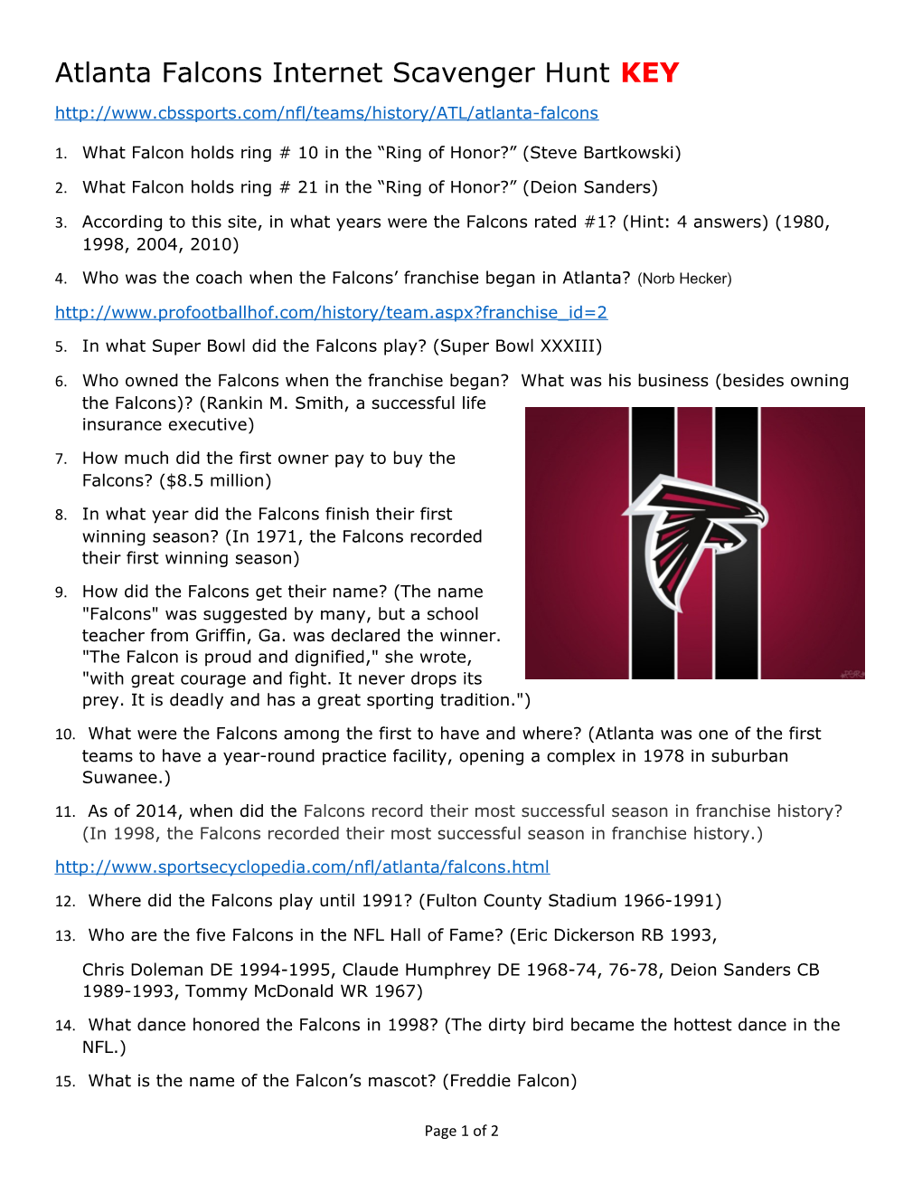 Atlanta Falcons Internet Scavenger Huntkey