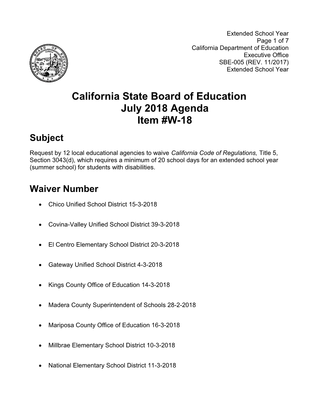 July 2018 Waiver Item W-18 - Meeting Agendas (CA State Board of Education)