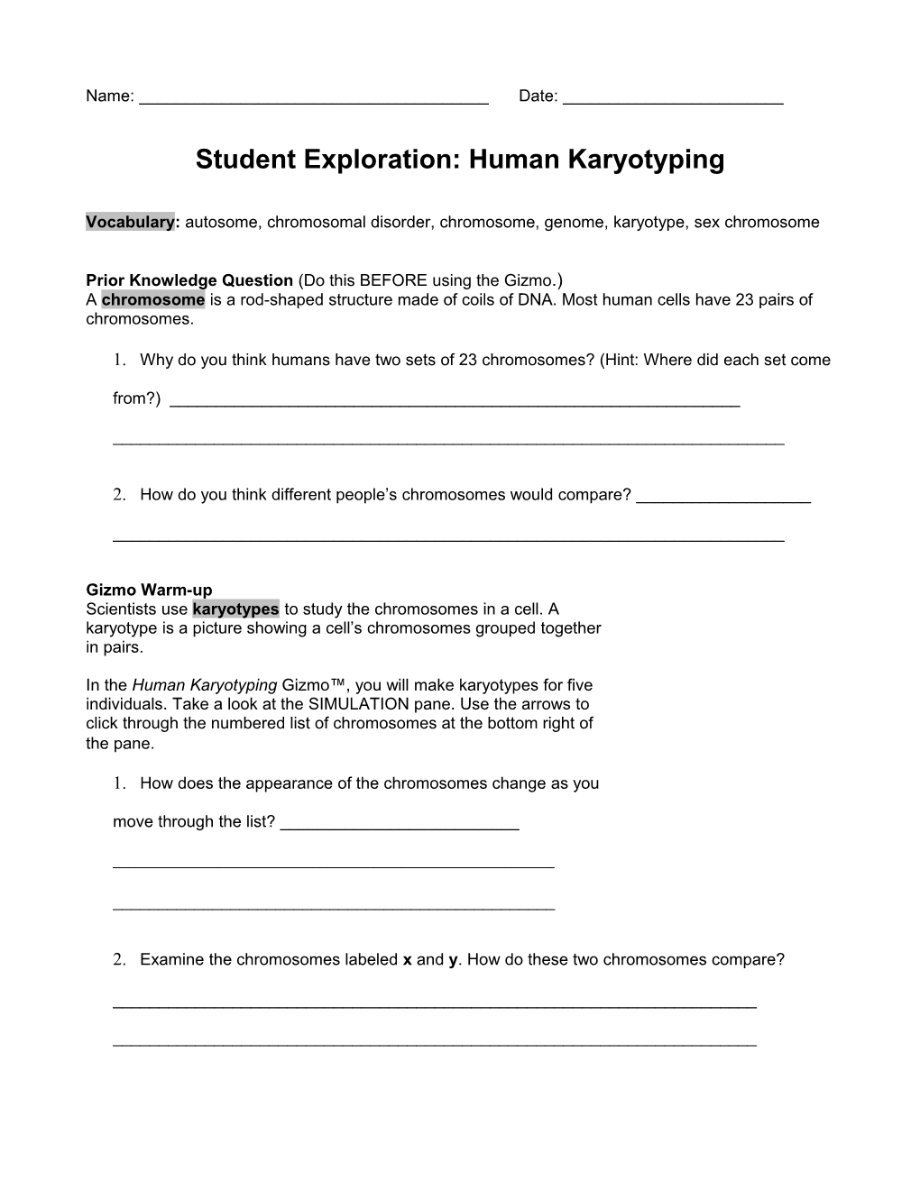 Student Exploration: Human Karyotyping