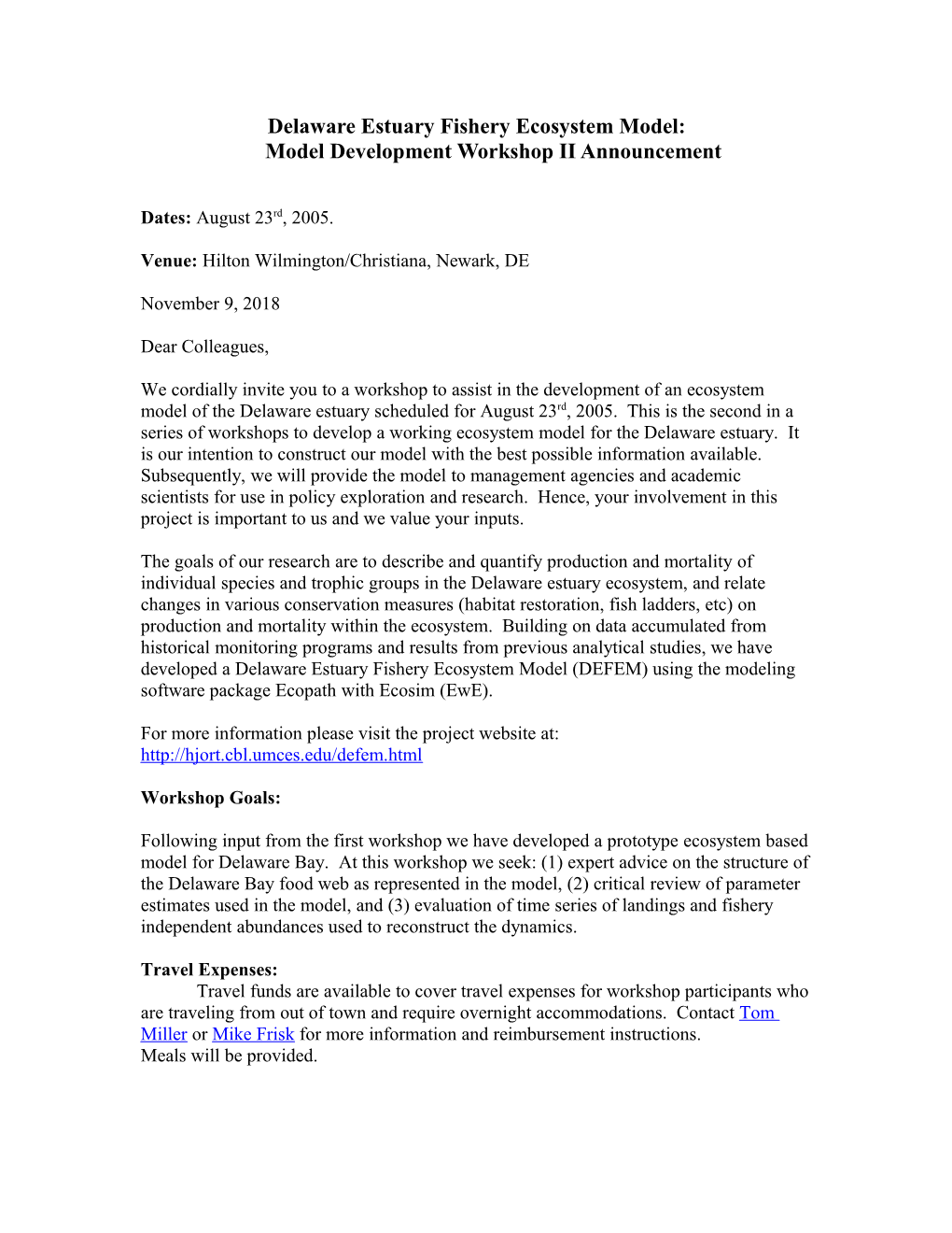 Delaware Estuary Fishery Ecosystem Model:Model Development Workshop II Announcement