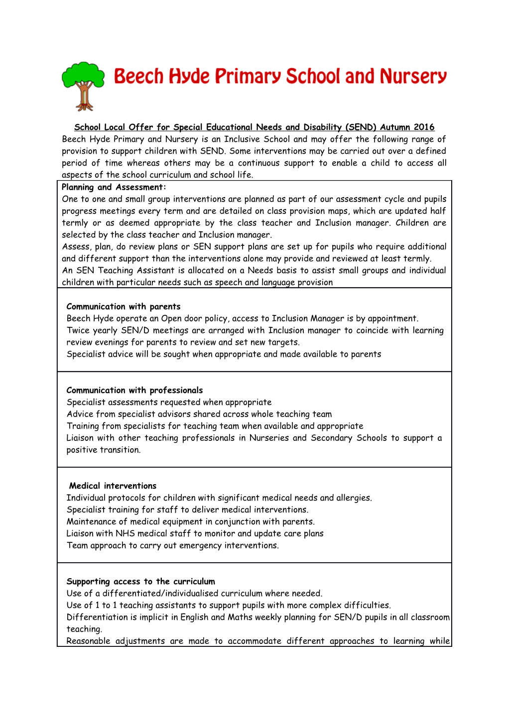 School Local Offer for Special Educational Needs and Disability (SEND)Autumn 2016