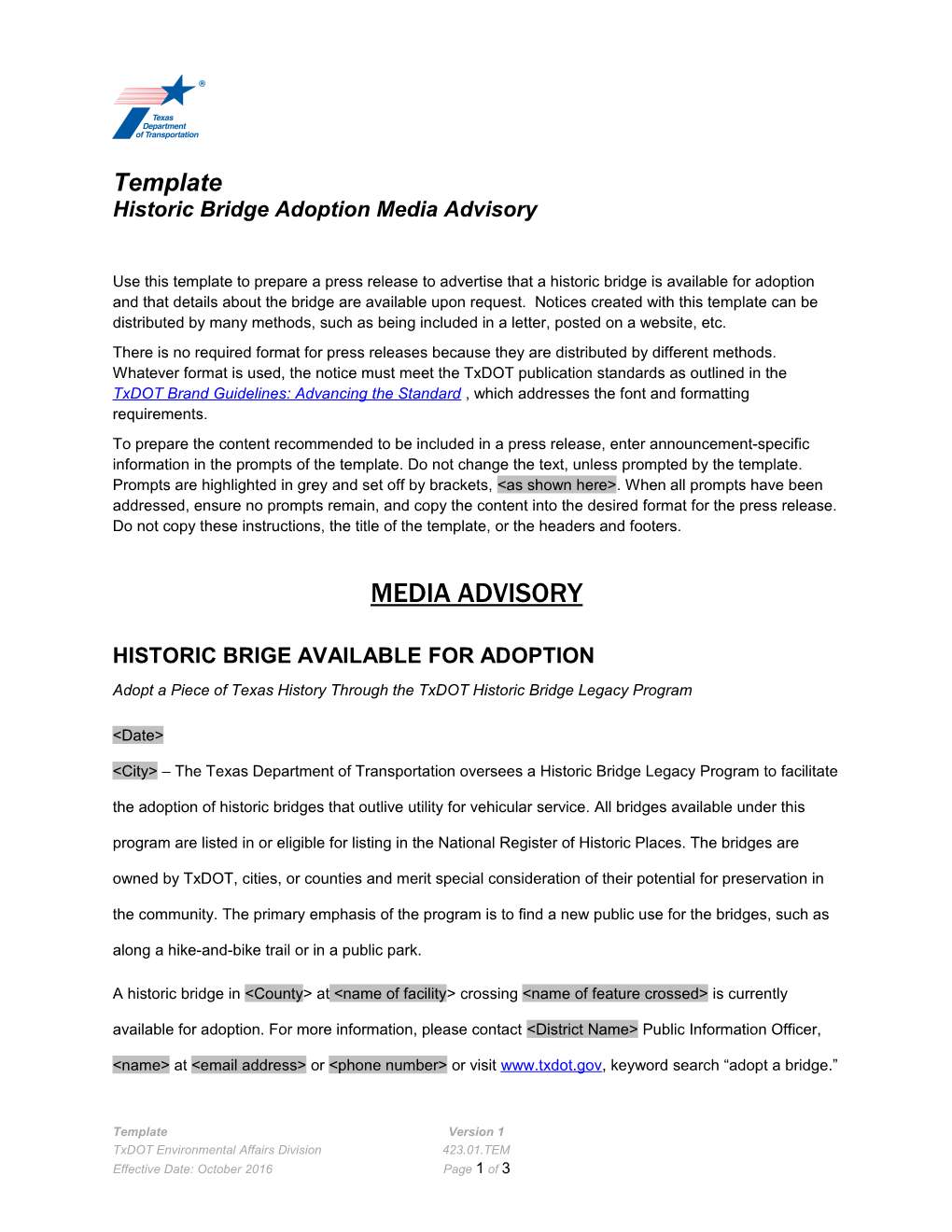 Template: Historic Bridge Adoption Media Advisory