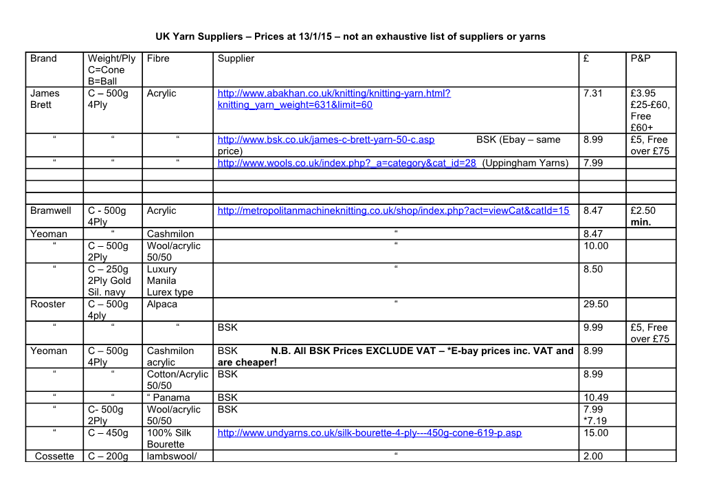 UK Yarn Suppliers Prices at 13/1/15 Not an Exhaustive List of Suppliers Or Yarns