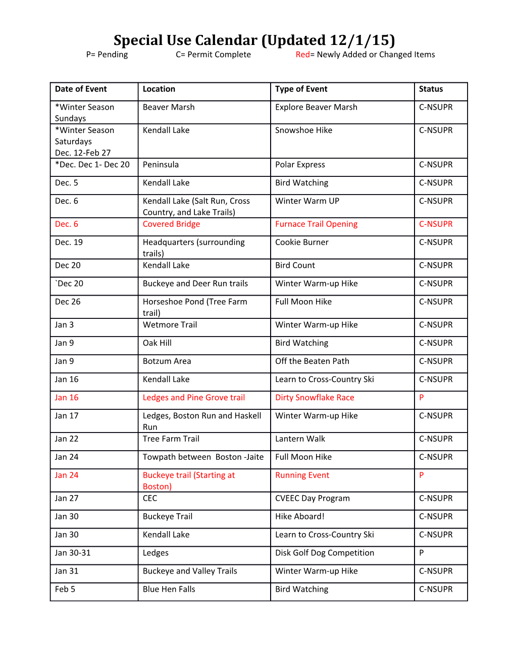 Special Use Calendar (Updated 12/1/15)