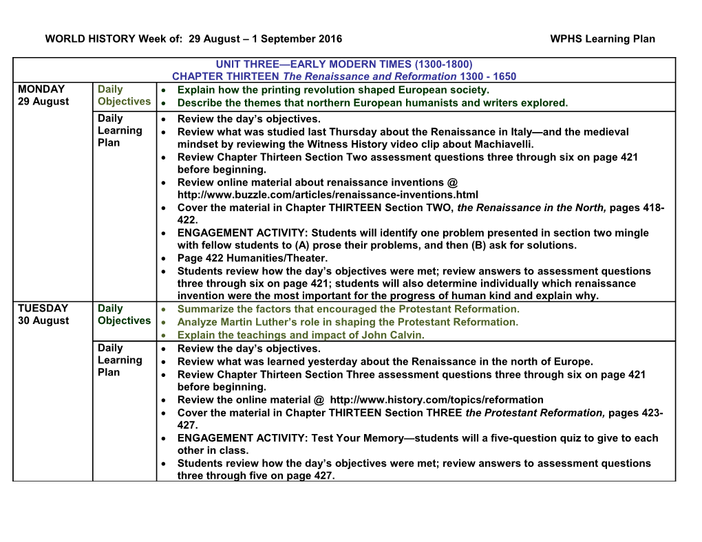 World Historyweek Of: 29 August 1 September 2016 WPHS Learning Plan