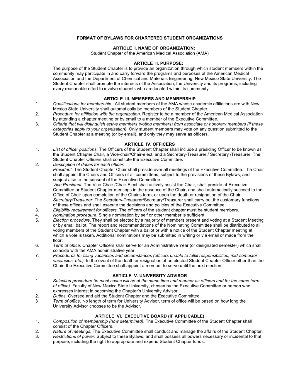 Format of Bylaws for Chartered Student Organizations