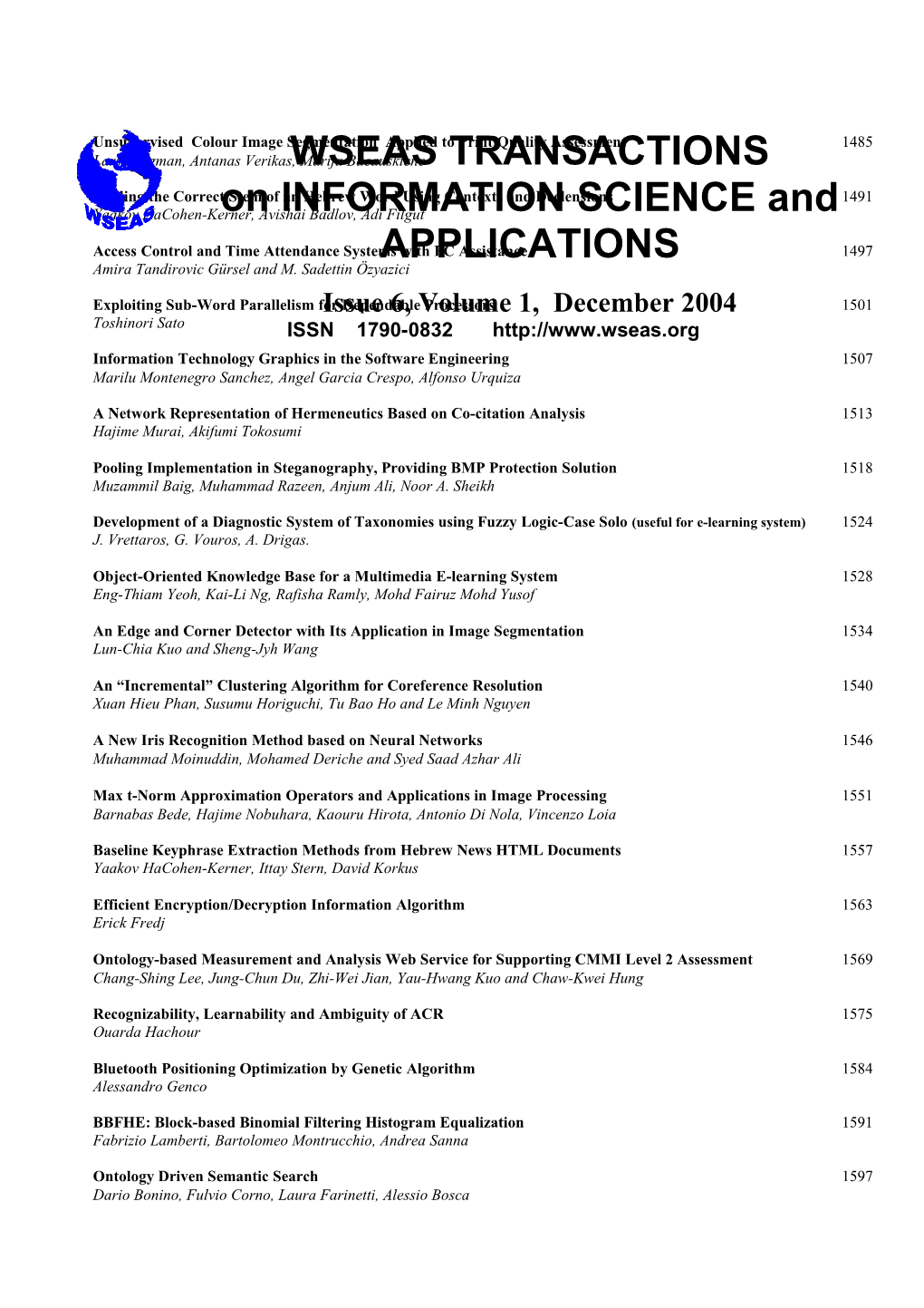 WSEAS Trans. on INFORMATION SCIENCE and APPLICATIONS, December 2004