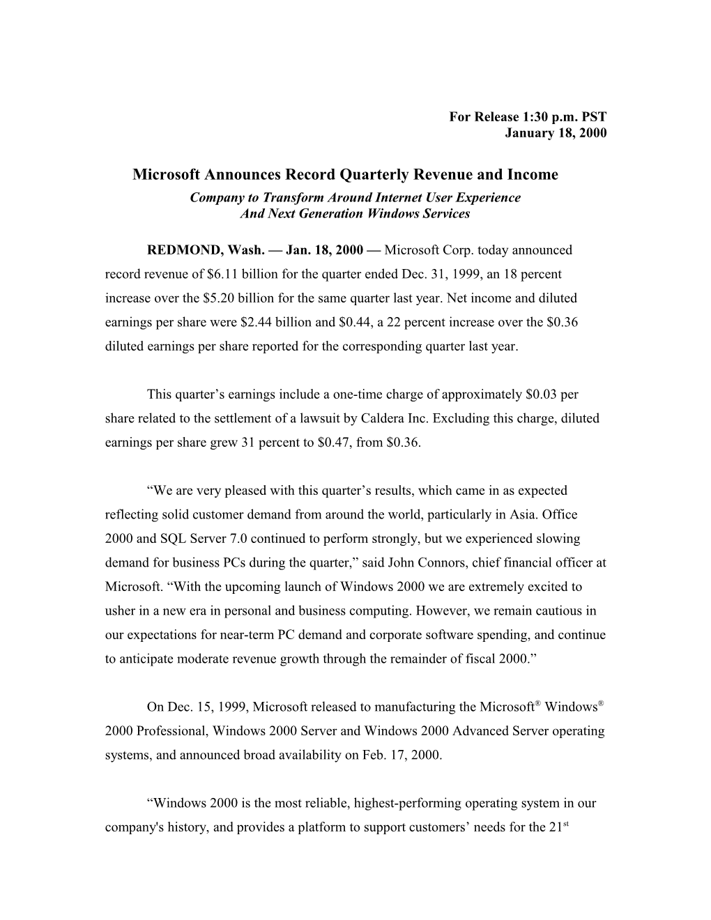Microsoft Announces Record Quarterly Revenue and Income