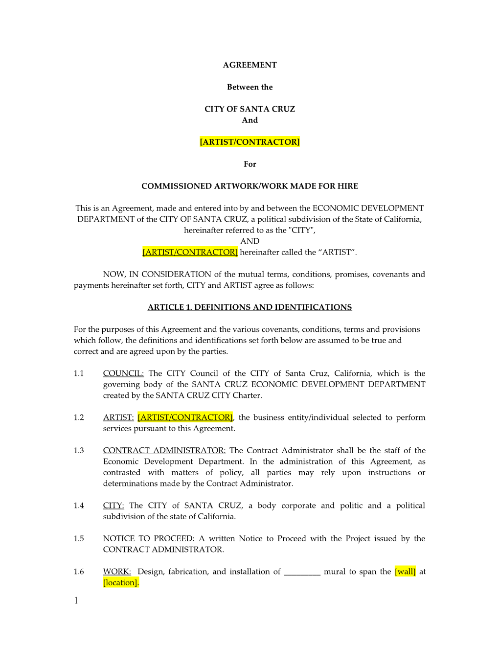 Agreement for Commissioned Artwork Standard